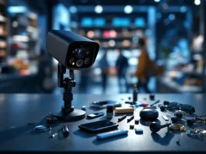 Zwarte beveiligingscamera boven winkelcounter met smartphones, cosmetica en luxe accessoires in retail omgeving