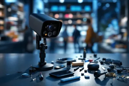 Zwarte beveiligingscamera boven winkelcounter met smartphones, cosmetica en luxe accessoires in retail omgeving