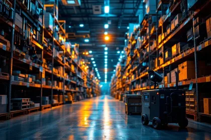 Zwarte beveiligingscamera in moderne bouwmarkt met verlichte gangpaden en gereedschappen bij schemering