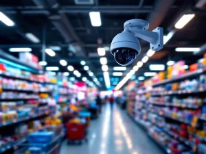 Beveiligingscamera aan plafond in moderne winkel met gangpaden vol producten en winkelwagentjes