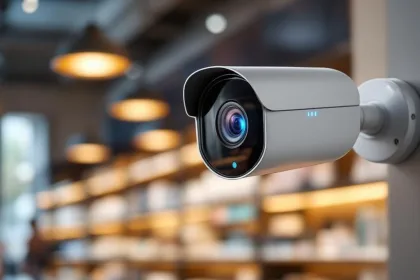 Moderne witte beveiligingscamera met LED-indicatoren gemonteerd in luxe winkelinterieur met zachte verlichting