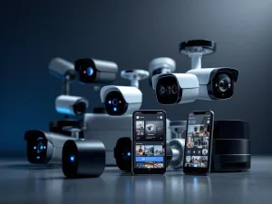 Geavanceerde beveiligingscamera's en mobiele apparaten met live bewakingsinterfaces en LED-indicatoren