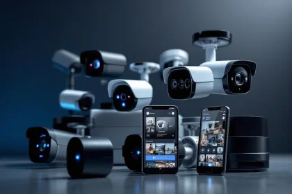 Geavanceerde beveiligingscamera's en mobiele apparaten met live bewakingsinterfaces en LED-indicatoren