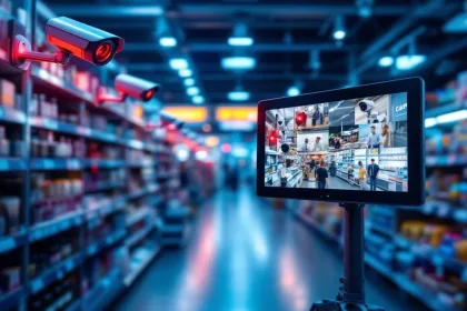 Moderne beveiligingscamera's in winkelinterieur met bewakingsscherm dat meerdere camerabeelden toont