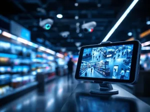 Mobiele beveiligingscamera's in moderne winkel met monitoring apparaat dat realtime beelden toont op voorgrond