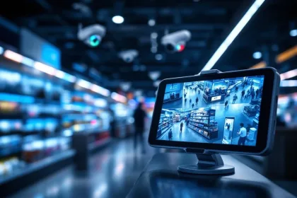 Mobiele beveiligingscamera's in moderne winkel met monitoring apparaat dat realtime beelden toont op voorgrond