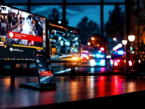 Moderne beveiligingscentrale met verlichte monitoren en mobiele telefoon met rode alarmmeldingnotificatie