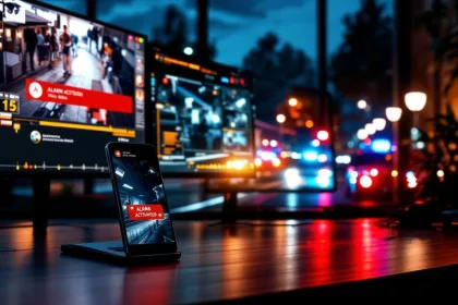 Moderne beveiligingscentrale met verlichte monitoren en mobiele telefoon met rode alarmmeldingnotificatie