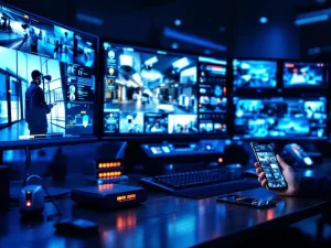 Moderne beveiligingscontrolekamer met monitoren, tablets en mobiele beveiligingsapps op houten bureau met blauwe verlichting