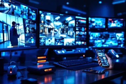 Moderne beveiligingscontrolekamer met monitoren, tablets en mobiele beveiligingsapps op houten bureau met blauwe verlichting