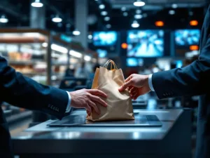 Beveiligingsmedewerker inspecteert tas bij moderne winkelcontrolepost met scanapparatuur en bewakingsmonitoren