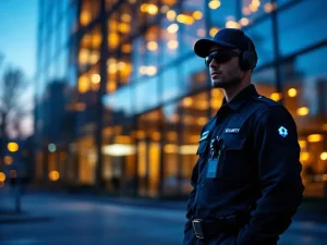 Beveiligingsbeambte bij modern kantoorgebouw met geavanceerde bewakingscamera's en monitoring apparatuur bij schemering