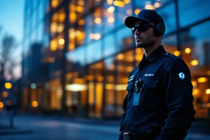 Beveiligingsbeambte bij modern kantoorgebouw met geavanceerde bewakingscamera's en monitoring apparatuur bij schemering