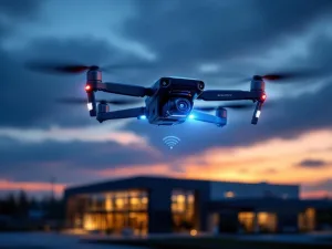 Zwart-zilveren beveiligingsdrone met camera zweeft bij schemering voor modern kantoorgebouw met draadloze signalen