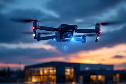 Zwart-zilveren beveiligingsdrone met camera zweeft bij schemering voor modern kantoorgebouw met draadloze signalen