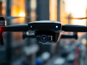 Zwarte beveiligingsdrone met blauwe LED-camera zweeft boven moderne stad tijdens gouden uur