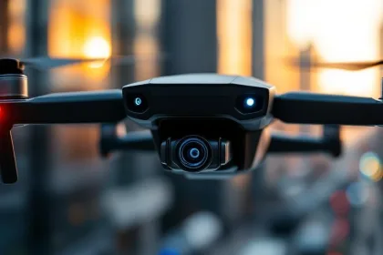 Zwarte beveiligingsdrone met blauwe LED-camera zweeft boven moderne stad tijdens gouden uur