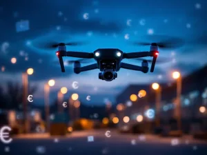 Zwarte beveiligingsdrone met LED-verlichting boven verlichte industriële faciliteit met euro-symbolen voor kostanalyse