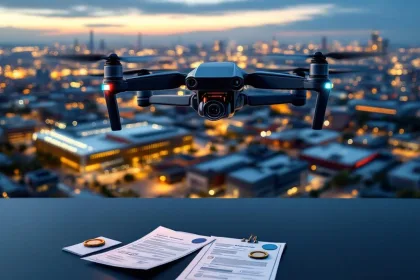 Professionele beveiligingsdrone met camera's boven industrieel complex tijdens gouden uur met vergunningen op bureau