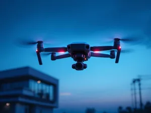 Moderne beveiligingsdrone met LED-verlichting zweeft boven eigentijds gebouw met beveiligingsinfrastructuur