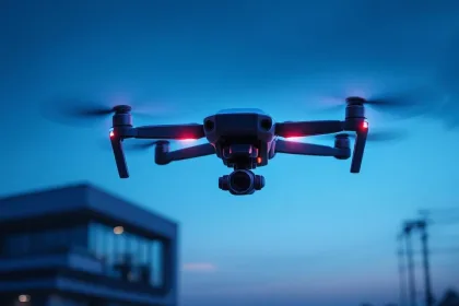 Moderne beveiligingsdrone met LED-verlichting zweeft boven eigentijds gebouw met beveiligingsinfrastructuur