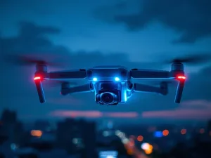 Moderne beveiligingsdrone met LED-verlichting zweeft boven verlichte stad tijdens schemering