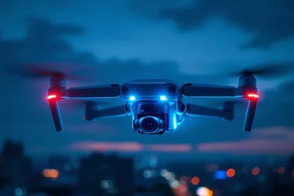 Moderne beveiligingsdrone met LED-verlichting zweeft boven verlichte stad tijdens schemering