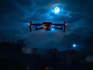 Zwarte beveiligingsdrone met LED-verlichting en thermische beeldvorming vliegt 's nachts boven industrieel gebied