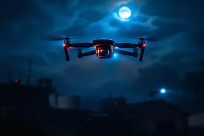 Zwarte beveiligingsdrone met LED-verlichting en thermische beeldvorming vliegt 's nachts boven industrieel gebied
