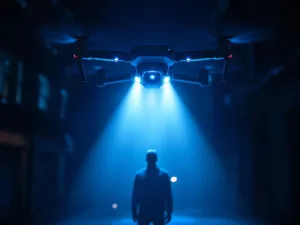 Beveiligingsdrone met LED-verlichting schijnt spotlight op donkere figuur in stedelijke omgeving tijdens nacht