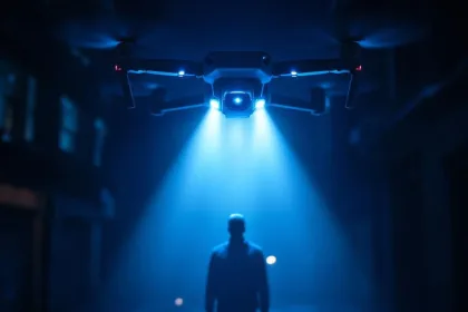 Beveiligingsdrone met LED-verlichting schijnt spotlight op donkere figuur in stedelijke omgeving tijdens nacht