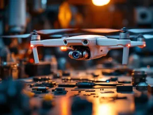 Witte beveiligingsdrone zweeft boven onderhoudsstation met gereedschap en diagnostische apparatuur in werkplaats