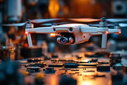 Witte beveiligingsdrone zweeft boven onderhoudsstation met gereedschap en diagnostische apparatuur in werkplaats