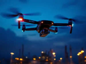 Geavanceerde beveiligingsdrone met camera zweeft boven industriële faciliteit tijdens schemering met LED-verlichting
