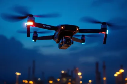 Geavanceerde beveiligingsdrone met camera zweeft boven industriële faciliteit tijdens schemering met LED-verlichting