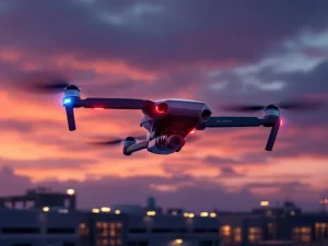 Beveiligingsdrone met camera zweeft boven industriële faciliteit tegen dramatische schemerlicht met LED-verlichting