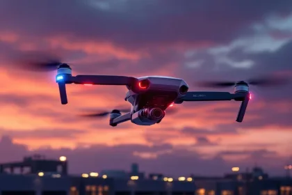 Beveiligingsdrone met camera zweeft boven industriële faciliteit tegen dramatische schemerlicht met LED-verlichting