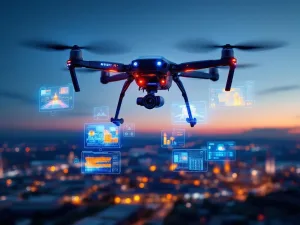 Beveiligingsdrone met thermische beeldvorming en LED-verlichting zweeft boven industriële faciliteit bij schemering