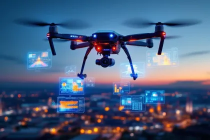 Beveiligingsdrone met thermische beeldvorming en LED-verlichting zweeft boven industriële faciliteit bij schemering