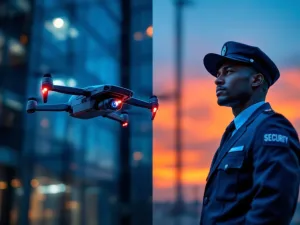 Beveiligingsdrone met camera's naast traditionele beveiliger in uniform bij modern bedrijfsgebouw tijdens schemering