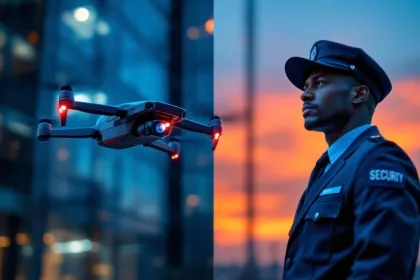 Beveiligingsdrone met camera's naast traditionele beveiliger in uniform bij modern bedrijfsgebouw tijdens schemering