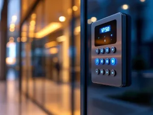 Moderne beveiligingskeypad met blauwe LED-verlichting op glazen kantoorgebouw ingang met toegangscontrole