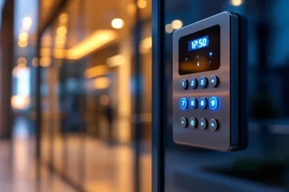 Moderne beveiligingskeypad met blauwe LED-verlichting op glazen kantoorgebouw ingang met toegangscontrole