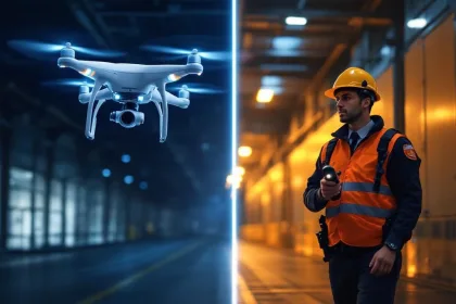 Vergelijking van beveiligingskosten: witte bewakingsdrone links, beveiligingsmedewerker rechts bij moderne faciliteit