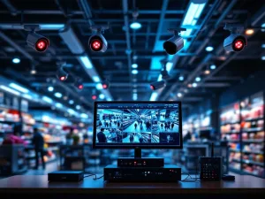 Moderne winkel met beveiligingscamera's aan plafond en bewakingsmonitor met meerdere feeds in beveiligingskantoor