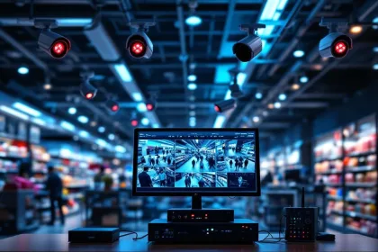Moderne winkel met beveiligingscamera's aan plafond en bewakingsmonitor met meerdere feeds in beveiligingskantoor