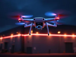 Witte surveillance drone met LED-verlichting zweeft boven industrieel complex met rode alarmverlichting 's nachts