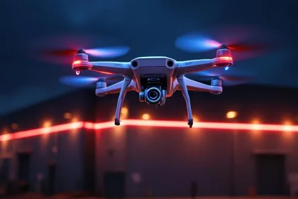 Witte surveillance drone met LED-verlichting zweeft boven industrieel complex met rode alarmverlichting 's nachts