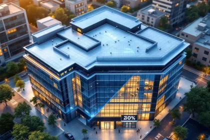 Luchtfoto van modern kantoorgebouw met beveiligingscamera's, sensoren en LED-verlichting in blauw-zilveren tinten