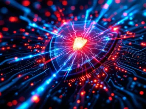 Beschadigde digitale beveiligingsschild met scheuren en rode kwetsbaarheidspunten, gescand door blauwe lasers